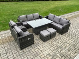 Rackhams Dark Grey Mixed Rattan Outdoor Dining Set - Height Adjustable Lifting Table, Reclining Chair & 2 Small Footstools - thumbnail 1