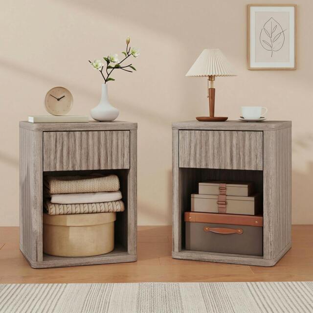Rackhams Modern Nightstand with Drawer and Open Shelf, Set of 2, Oak - 52 - image 1