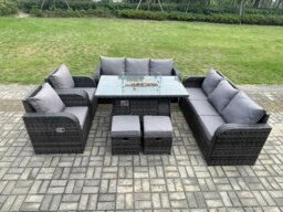 Rackhams Garden Patio Furniture Wicker Rattan Gas Fire Pit Table and Sofa Chair set with 2 Small Footstools - thumbnail 1