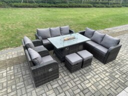 Rackhams Garden Patio Furniture Wicker Rattan Gas Fire Pit Table and Sofa Chair set with 2 Small Footstools - thumbnail 2