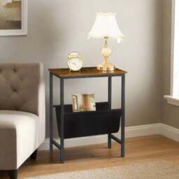Rackhams Rustic Brown Narrow Side Table – Small Bedside End Table with Metal Frame for Bedroom or Living Room - thumbnail 4
