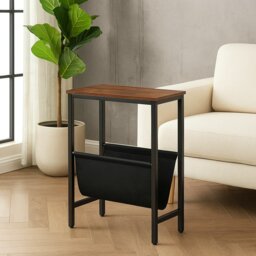 Rackhams Rustic Brown Narrow Side Table – Small Bedside End Table with Metal Frame for Bedroom or Living Room