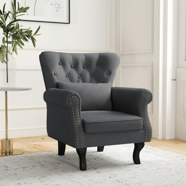 Rackhams Vintage Wingback Armchair Accent Naihead Trim Dark Grey - image 1