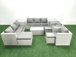 Rackhams Outdoor Rattan Sofa Garden Furniture Set with 2 Armchairs Oblong Coffee Table 3 Footstools 2 Side Tables Light Grey Mixed - thumbnail 1