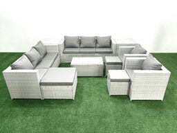 Rackhams Outdoor Rattan Sofa Garden Furniture Set with 2 Armchairs Oblong Coffee Table 3 Footstools 2 Side Tables Light Grey Mixed - thumbnail 2