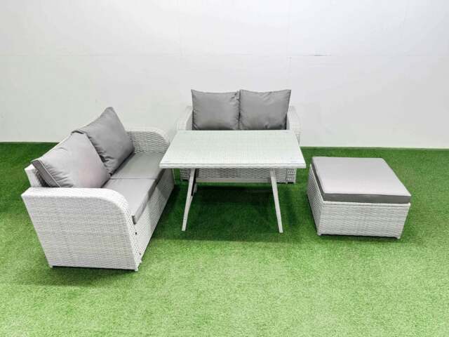 Rackhams 5 Seat Outdoor Love Sofa Set Rattan Garden Furniture Set with Rectangular Dining Table Big Footstool Light Grey - image 1