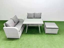 Rackhams 5 Seat Outdoor Love Sofa Set Rattan Garden Furniture Set with Rectangular Dining Table Big Footstool Light Grey - thumbnail 1