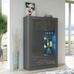 Rackhams Elegant 140cm Cabinet Sideboard with Grey High Gloss Doors and Free LED Display - 140 cm  - Dark Grey Matt Body & Dark Grey Gloss Doors - 1