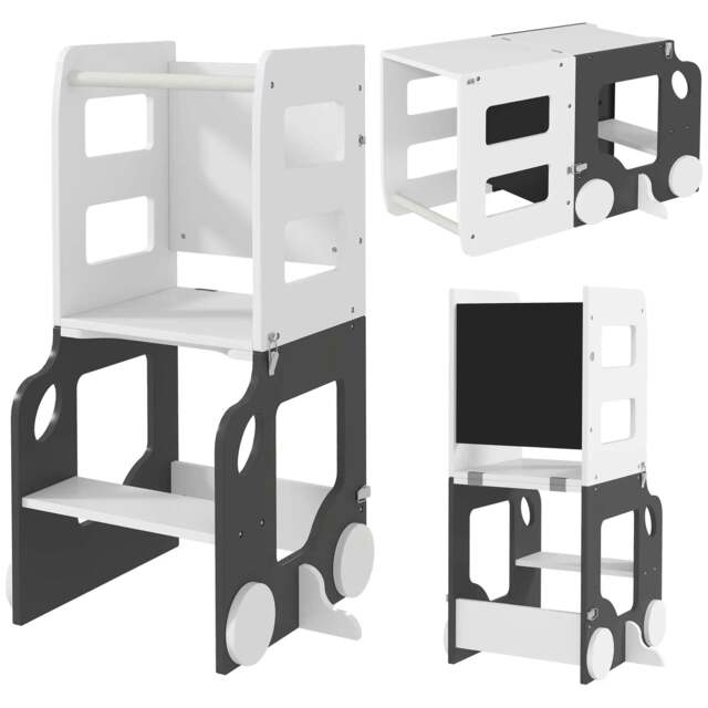 Rackhams Toddler Step Stool, 4 in 1 Standing Tower, Foldable Toddler Step with Safety Rail, for Kitchen, Bathroom, Grey