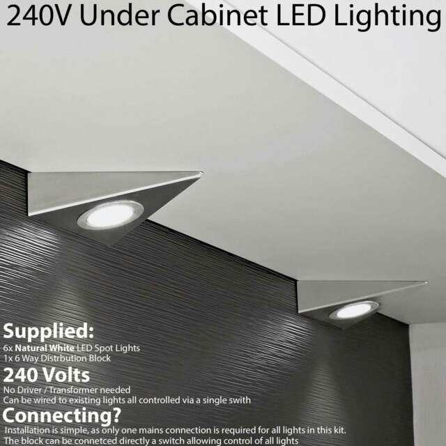 Rackhams Loops 6x BRUSHED NICKEL Triangle Surface Under Cabinet Kitchen Light Kit - 240V Mains Powered - Natural White LED