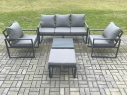 Rackhams Aluminium Outdoor Garden Furniture Set Lounge Sofa 2 PC Chairs Square Coffee Table Sets with Big Footstool Dark Grey - thumbnail 1