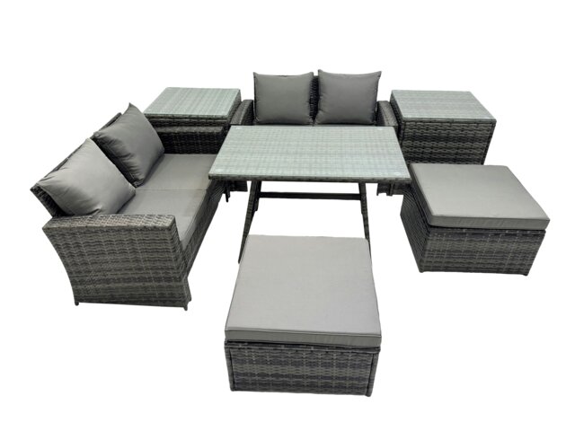 Rackhams 6 Seater Wicker PE Rattan Furniture Outdoor Dining Table Double Seat Sofa 2 Big Stool 2 Side Table Set Dark Grey Mixed - image 1