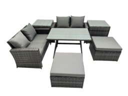 Rackhams 6 Seater Wicker PE Rattan Furniture Outdoor Dining Table Double Seat Sofa 2 Big Stool 2 Side Table Set Dark Grey Mixed - thumbnail 1