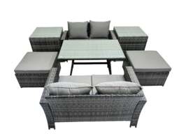 Rackhams 6 Seater Wicker PE Rattan Furniture Outdoor Dining Table Double Seat Sofa 2 Big Stool 2 Side Table Set Dark Grey Mixed - thumbnail 2