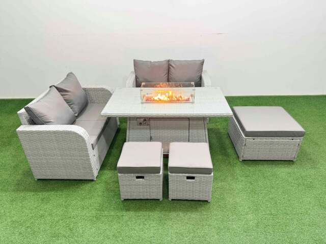 Rackhams 7 Seater Outdoor Love Sofa Set Rattan Garden Furniture Set with Fire Pit Dining Table 3 Footstool Light Grey - image 1