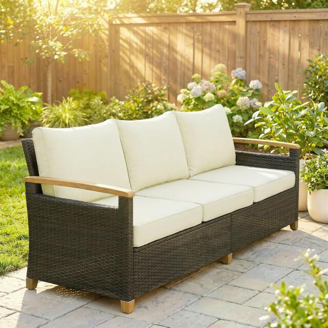Rackhams 3 Seater Rattan Garden Sofa with Cushioned Wide Seats - Cream White - Rattan Garden Sofa - 1 - image 1