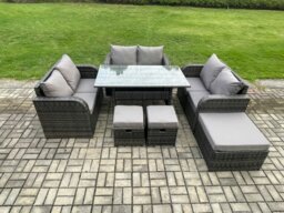 Rackhams 9 Seater Outdoor Rattan Garden Furniture Set with Patio Rectangular Dining Table Love Sofa 3 Footstools Dark Grey Mixed - thumbnail 1