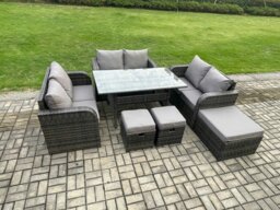 Rackhams 9 Seater Outdoor Rattan Garden Furniture Set with Patio Rectangular Dining Table Love Sofa 3 Footstools Dark Grey Mixed - thumbnail 2