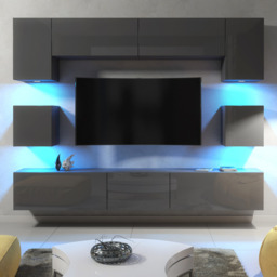 Rackhams Modern Wall TV Unit 9 Elements – Grey Matt Body and Grey Gloss Doors – Free RGB LED - 242 cm -  MDF/Chipboard - White - thumbnail 4