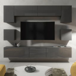 Rackhams Modern Wall TV Unit 9 Elements – Grey Matt Body and Grey Gloss Doors – Free RGB LED - 242 cm -  MDF/Chipboard - White - thumbnail 3