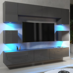 Rackhams Modern Wall TV Unit 9 Elements – Grey Matt Body and Grey Gloss Doors – Free RGB LED - 242 cm -  MDF/Chipboard - White
