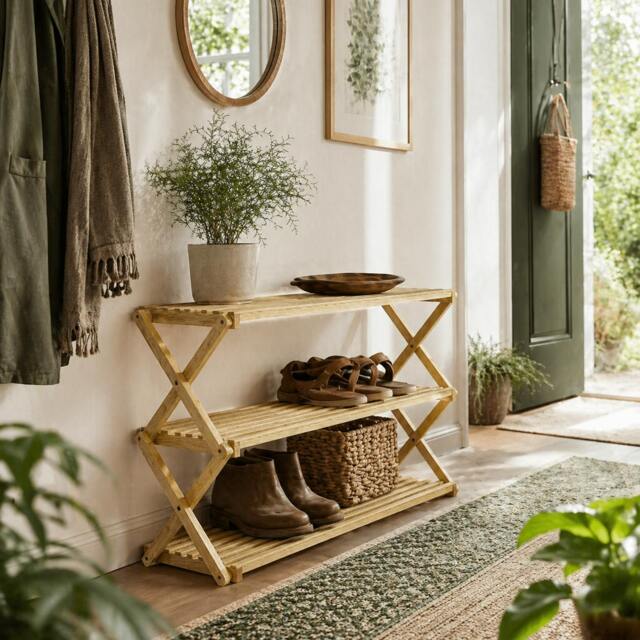 Rackhams Palu Natural Bamboo 3 Tier Folding Shoe Rack - image 1