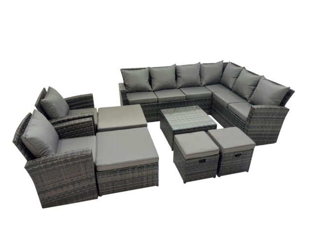 Rackhams Rattan Garden Outdoor Furniture Set 12 Seater Garden Sofa Coffee Table Set with 2 Chairs 4 Footstools Dark Grey Mixed - image 1