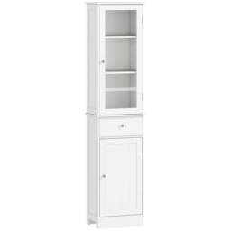 Rackhams Bathroom Storage Cabinet with 3-tier Shelf Drawer Door, Floor Cabinet Free Standing Tall Slim Side Organizer Shelves, White - thumbnail 1