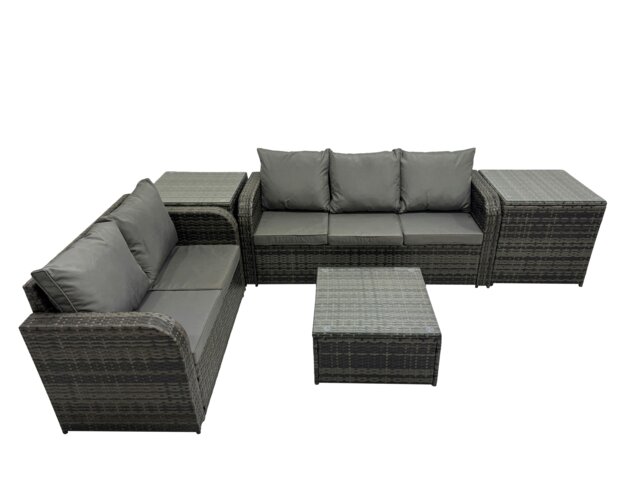 Rackhams Rattan Garden Outdoor Furniture Set Love Sofa Square Coffee Table Sets with 2 Side Tables 2 Small Stools Dark Grey Mixed - image 1