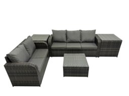 Rackhams Rattan Garden Outdoor Furniture Set Love Sofa Square Coffee Table Sets with 2 Side Tables 2 Small Stools Dark Grey Mixed - thumbnail 1