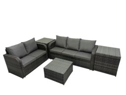 Rackhams Rattan Garden Outdoor Furniture Set Love Sofa Square Coffee Table Sets with 2 Side Tables 2 Small Stools Dark Grey Mixed - thumbnail 2