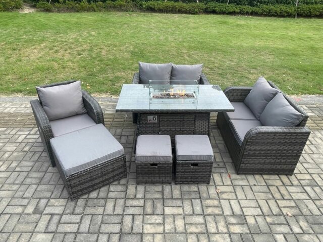 Rackhams Outdoor Sofa Rattan Garden Furniture Set Patio Gas Fire Pit Dining Table and Reclining Chair set with 3 Footstools Dark Grey Mixed - image 1