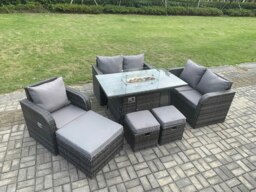 Rackhams Outdoor Sofa Rattan Garden Furniture Set Patio Gas Fire Pit Dining Table and Reclining Chair set with 3 Footstools Dark Grey Mixed - thumbnail 2