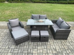 Rackhams Outdoor Sofa Rattan Garden Furniture Set Patio Gas Fire Pit Dining Table and Reclining Chair set with 3 Footstools Dark Grey Mixed - thumbnail 1