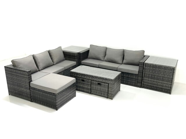 Rackhams Garden Outdoor Rattan Furniture Set with Sofa Coffee table 3 Footstools 2 Side Tables Dark Grey Mixed - image 1