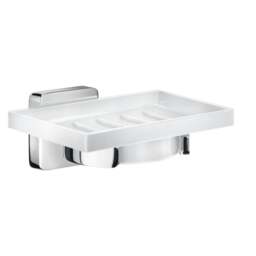 Rackhams Porcelain Rectangular Soap Dish Tray and Polished Chrome Wall Mounted Holder with Concealed Screws for Bath Shower Bathroom
