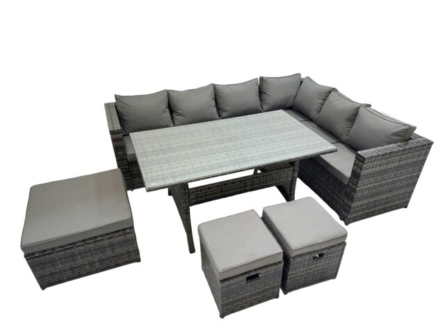 Rackhams Rattan Garden Furniture Set Outdoor 9 Seater Patio Dining Corner Sofa Sets with Dining Table 3 Footstool Dark Grey Mixed - image 1