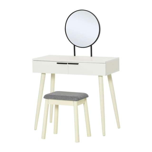Rackhams Modern Dressing Table with Round Mirror and Stool, Makeup Vanity Table with 2 Drawers for Bedroom, Living Room, 80 x 40 x 123 cm, White - White - image 1