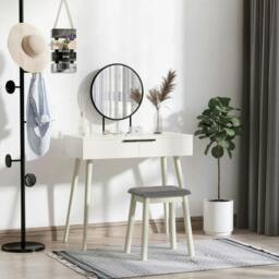 Rackhams Modern Dressing Table with Round Mirror and Stool, Makeup Vanity Table with 2 Drawers for Bedroom, Living Room, 80 x 40 x 123 cm, White - White - thumbnail 2