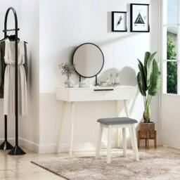 Rackhams Modern Dressing Table with Round Mirror and Stool, Makeup Vanity Table with 2 Drawers for Bedroom, Living Room, 80 x 40 x 123 cm, White - White - thumbnail 4