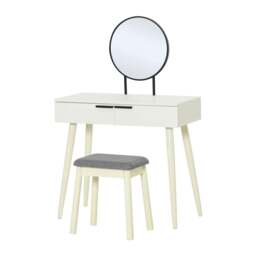 Rackhams Modern Dressing Table with Round Mirror and Stool, Makeup Vanity Table with 2 Drawers for Bedroom, Living Room, 80 x 40 x 123 cm, White - White - thumbnail 1