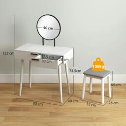 Rackhams Modern Dressing Table with Round Mirror and Stool, Makeup Vanity Table with 2 Drawers for Bedroom, Living Room, 80 x 40 x 123 cm, White - White - thumbnail 3