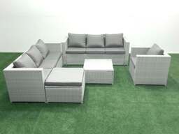 Rackhams Wicker PE Rattan Sofa Garden Furniture Set with Armchair Square Coffee Table Big Footstool Light Grey Mixed - thumbnail 1