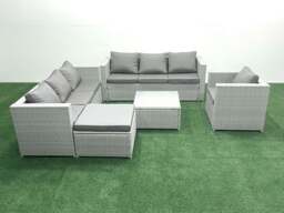 Rackhams Wicker PE Rattan Sofa Garden Furniture Set with Armchair Square Coffee Table Big Footstool Light Grey Mixed - thumbnail 2