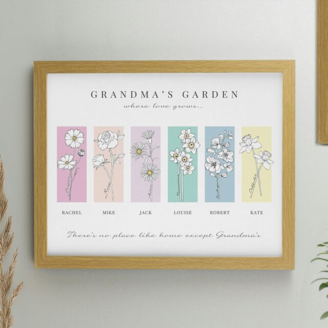 Rackhams Personalised Birth Flower Family of 6 Oak Framed Print - image 1