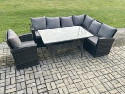 Rackhams 7 Seater Garden Rattan Furniture Corner Sofa Dining Table Chair Set with Temper Glass and Cushions Indoor Outdoor Lounge Sofa Set - thumbnail 2