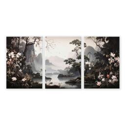 Rackhams Pictures For Living Room Wall - Set of 3 Chinoiserie Wall art Prints - 12 x 16 inches / 30.5 x 40.65 cm - Polyester Canvas 260 gsm - Canvas wrapped - thumbnail 1