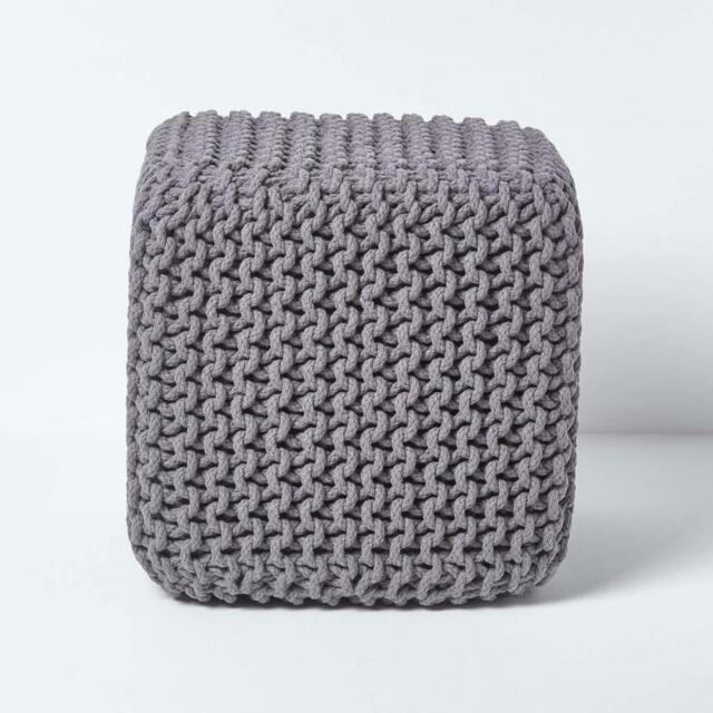 Rackhams Cube Cotton Knitted Pouffe Footstool Bean Filled Hand Knitted - Dark Grey - image 1