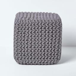 Rackhams Cube Cotton Knitted Pouffe Footstool Bean Filled Hand Knitted - Dark Grey - thumbnail 1