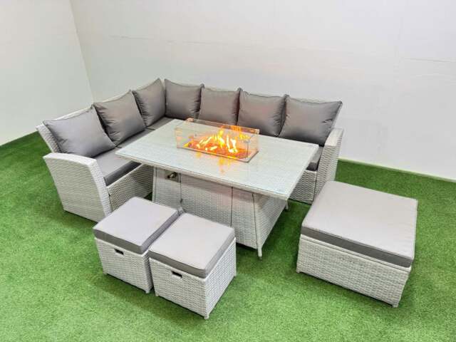 Rackhams 9 Seat Rattan Garden Furniture Corner Sofa Set Outdoor Gas Fire Pit Table Sets with 3 Footstools Light Grey - image 1